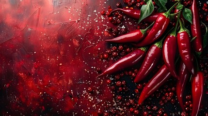 Red chili peppers suspended in red background.