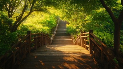 Obraz premium Wooden Bridge Leading to a Staircase Through a Green Forest