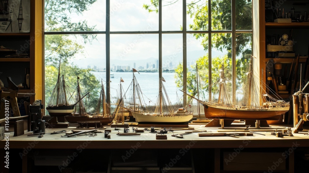Poster a serene model shipbuilding desk by a large window, ship models and tools meticulously arranged, nau