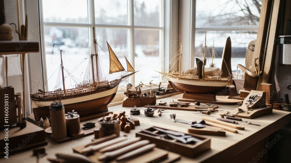 Poster a serene model shipbuilding desk by a large window, ship models and tools meticulously arranged, nau