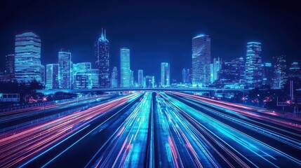 Fototapeta premium Futuristic city skyline at night with light trails on highway.