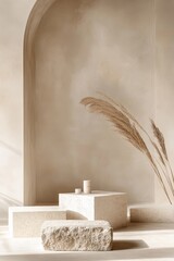 Minimalist beige interior scene with pampas grass and stone blocks.