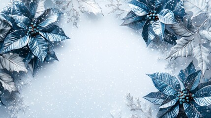 Elegant Winter Frame with Blue Poinsettia and Snowfall Creating a Festive Atmosphere Perfect for Christmas Celebrations and Seasonal Greetings