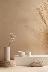 Minimalist beige still life with dried flowers, vases, and stones.
