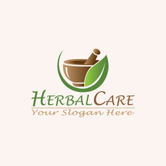 Herbal Care Pharmacy Logo fully editable vector template and Medical Icon, Natural Green Leaf, Mortar and Pestle.