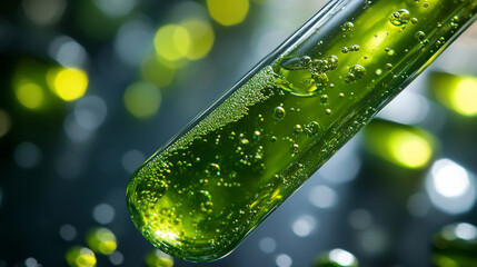 A close-up image of a test tube containing bright green liquid with floating bubbles, showcasing the dynamic nature of science and chemical reactions in a laboratory.