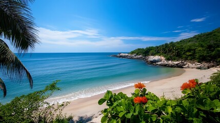 Fototapeta premium Idyllic Tropical Beach with Pristine Sand and Blue Ocean Under Clear Sky : Generative AI