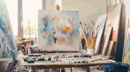 A serene painting atelier with canvases and brushes, Paint tubes arranged on a cluttered palette, Artistic inspiration style