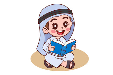 A young Arab man is sitting and reading a book.