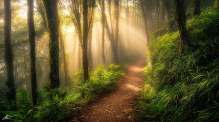 Sunbeams illuminate a misty forest path. (1)
