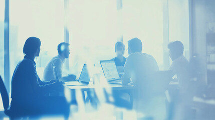 Blur office meeting blurred background with business people working group in boardroom discussion for teamwork brainstorming, executive seminar or professional training in small startup enterprise
