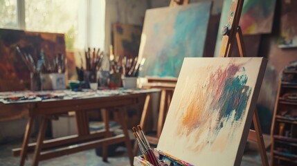 A serene painting studio with artist's tools and canvases, Painting tools arranged amidst palettes and easels, Artistic painting style