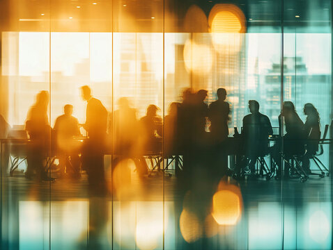 Blur office meeting blurred background with business people working group in boardroom discussion for teamwork brainstorming, executive seminar or professional training in small startup enterprise
