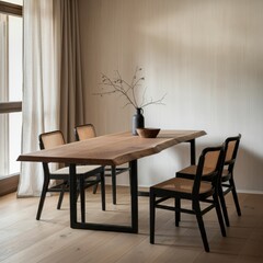 Minimalist dining room, wooden table with metal legs, single wooden chair, neutral tones, vase with bare branches, large window, soft natural light, hardwood floors, serene atmosphere, Japanese-inspir