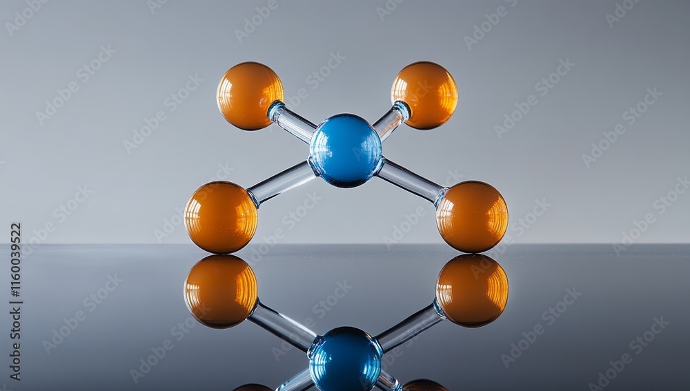 Poster abstract molecule model with blue and orange spheres connected by glass rods, reflected on a glossy 