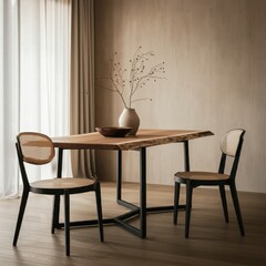 Minimalist dining room, wooden table with metal legs, single wooden chair, neutral tones, vase with bare branches, large window, soft natural light, hardwood floors, serene atmosphere, Japanese-inspir
