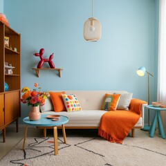 Cozy living room interior, warm color palette, wooden bookshelves, colorful book spines, blue floor lamp, grey sofa, orange throw blanket, teal cushions, wooden coffee table, potted plants, soft light
