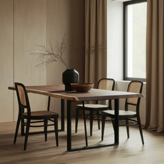 Minimalist dining room, wooden table with metal legs, single wooden chair, neutral tones, vase with bare branches, large window, soft natural light, hardwood floors, serene atmosphere, Japanese-inspir