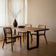 Fototapeta premium Minimalist dining room, wooden table with metal legs, single wooden chair, neutral tones, vase with bare branches, large window, soft natural light, hardwood floors, serene atmosphere, Japanese-inspir
