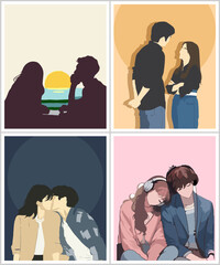 Cute boy and girl couple in pajamas, spending time together at home, hugging. Isolated vector illustration
