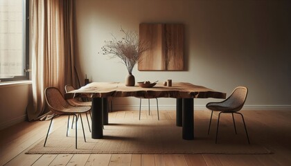 Minimalist dining room, wooden table with metal legs, single wooden chair, neutral tones, vase with bare branches, large window, soft natural light, hardwood floors, serene atmosphere, Japanese-inspir