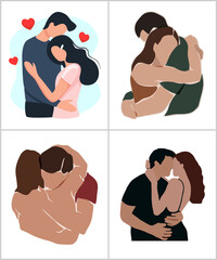 Cute boy and girl couple in pajamas, spending time together at home, hugging. Isolated vector illustration