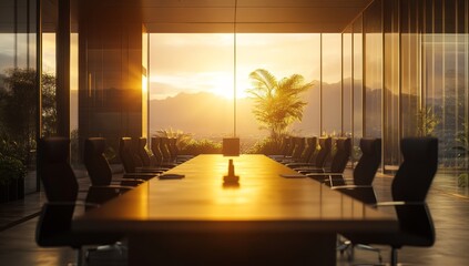 Fototapeta premium Sunlit conference room with mountain view.