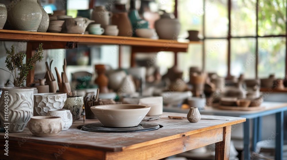 Poster a serene pottery studio with spinning wheels and clay sculptures in progress, artisan tools organize