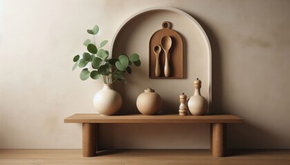 Boho minimalist decor, wooden console table, arched wall niche, neutral tones, ceramic vases, eucalyptus branches, wooden utensils, textured wall, earthy palette, Scandinavian influence, modern rustic