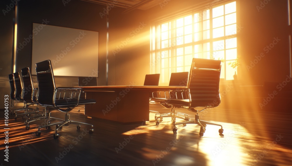 Poster sunlit modern conference room with large window and empty chairs around a wooden table.