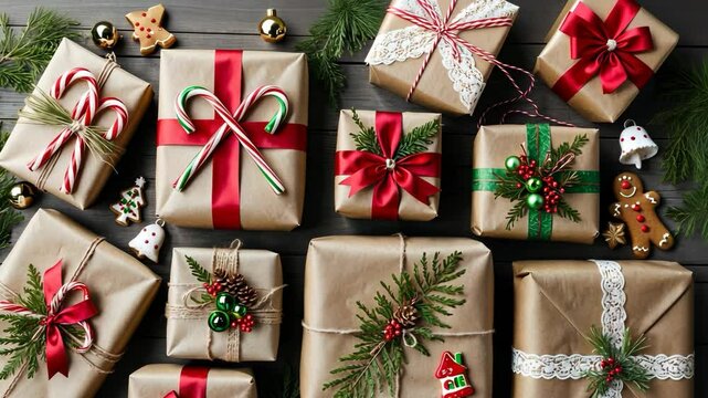 Video footage of collection of Christmas gifts wrapped in brown paper with red and green ribbons, decorated with candy canes, pine branches, and festive ornaments