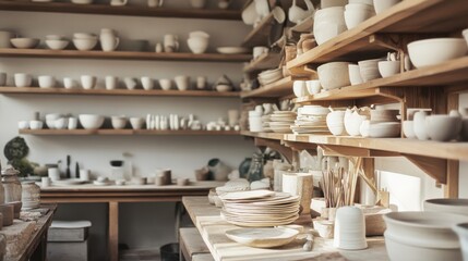 A serene pottery workshop with shelves of delicate ceramic pieces, Clay sculpting tools organized with artistic flair, Contemporary artisanal style