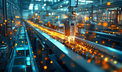 A robotic arm operates on a conveyor belt in a modern industrial setting.
