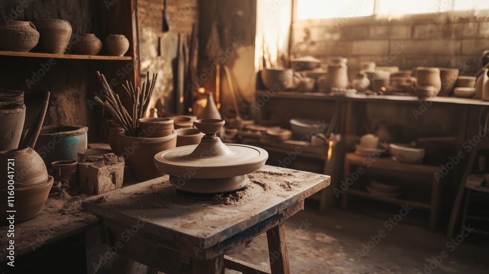 Poster a serene pottery workshop with spinning wheels and clay, artisan tools neatly arranged in a rustic s