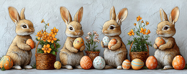 Fototapeta premium Four adorable Easter bunnies holding decorated eggs, surrounded by vibrant flowers and baskets