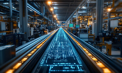 Futuristic factory interior with digital data flow and machinery.