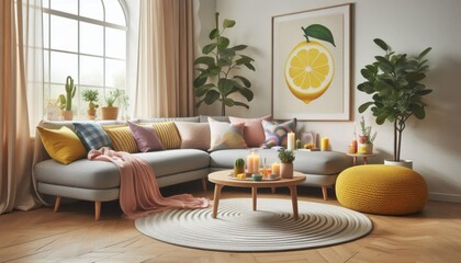 Interior design, living room, modern Scandinavian style, white walls, arched window, fiddle leaf fig plant, lemon art print, gray L-shaped sofa, colorful throw pillows, yellow blanket, round blue rug,