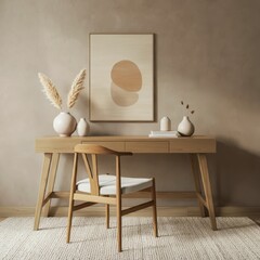 Minimalist home office setup, neutral tones, wooden desk, mid-century modern chair, beige ceramic vases, dried pampas grass, woven basket, textured wall, soft lighting, empty picture frame, cozy atmos