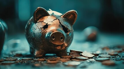 Broken Piggy Bank Surrounded by Coins on a Dark Table with Shadows