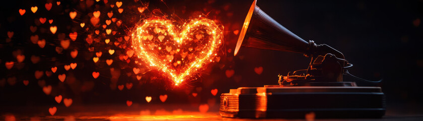 A vintage gramophone emits glowing hearts, symbolizing love and music.