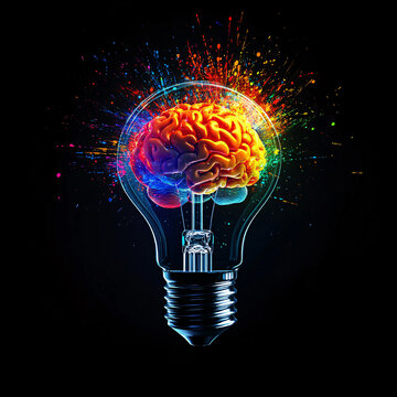 Creative light bulb explodes with colorful paint, sparks and splashes on a black background, concept. Think differently creative idea concept. Motion Color, Ink swirling
