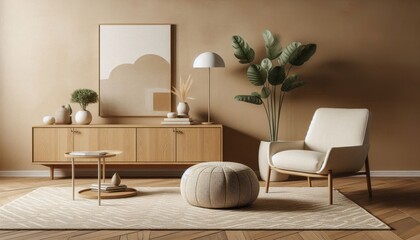 Mid-century modern living room, warm earthy tones, wooden sideboard, white armchair, abstract wall art, geometric rug, potted plants, floor lamp, minimalist decor, natural light, cozy interior, retro 