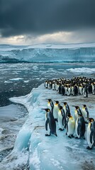 Obraz premium King Penguins Stand on Ice in Arctic Landscape Under Dramatic Skies