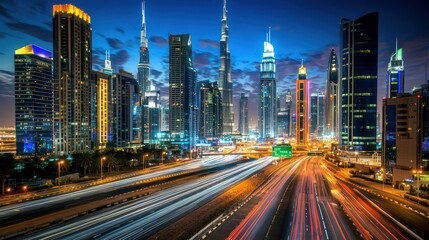 Fototapeta premium Night cityscape with illuminated skyscrapers and highway traffic. (1)