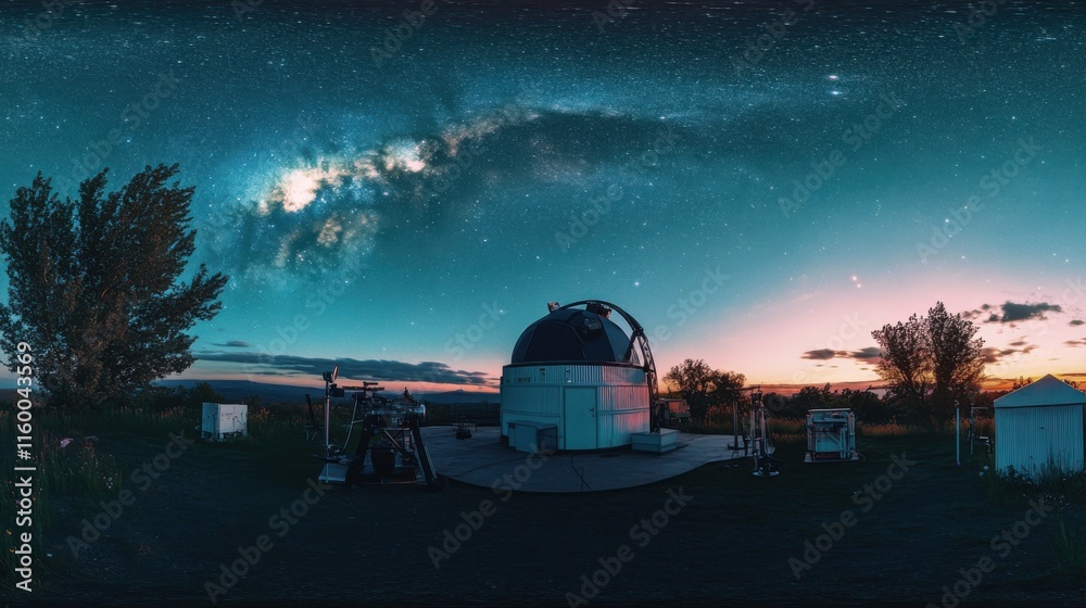 Poster a serene telescope observatory under a starry sky, telescopes and astronomy tools meticulously arran