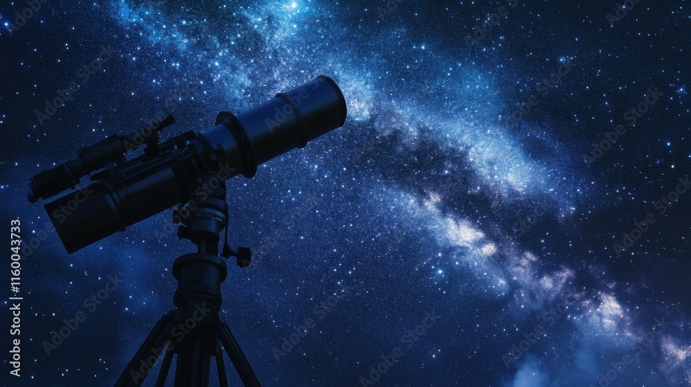 Poster a serene telescope observatory under a starry sky, telescopes and astronomy tools meticulously arran