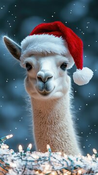 Festive Llama in Santa Hat Surrounded by Christmas Lights