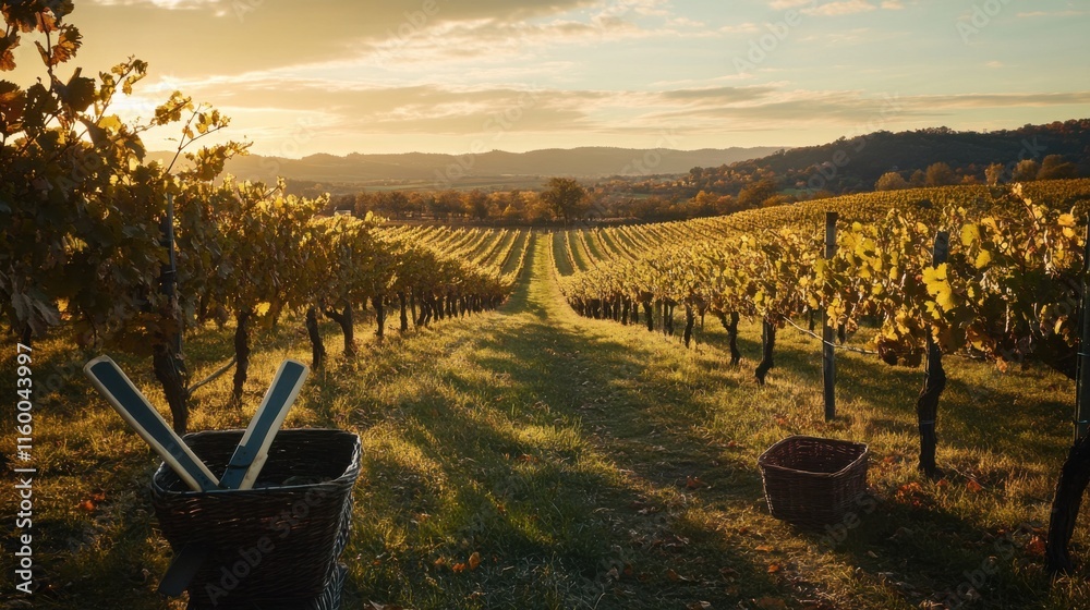 Poster a serene vineyard at sunset with rows of grapevines stretching into the distance, pruning shears and