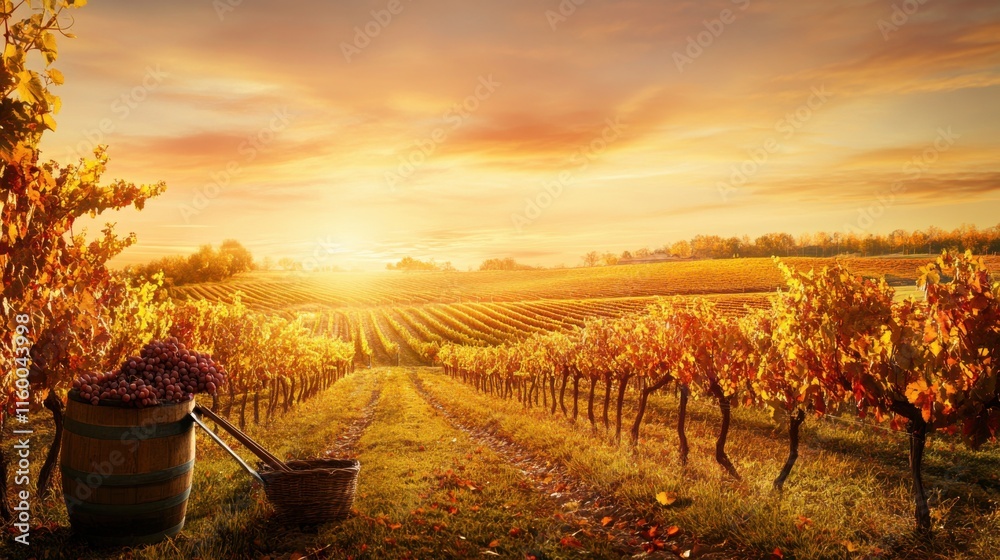 Poster a serene vineyard at sunset with rows of grapevines stretching into the distance, pruning shears and