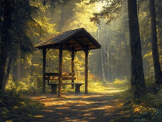A bus stop with an empty advertising billboard in an urban setting with fallen leaves on the ground and a bus passing by in the background. Generative AI